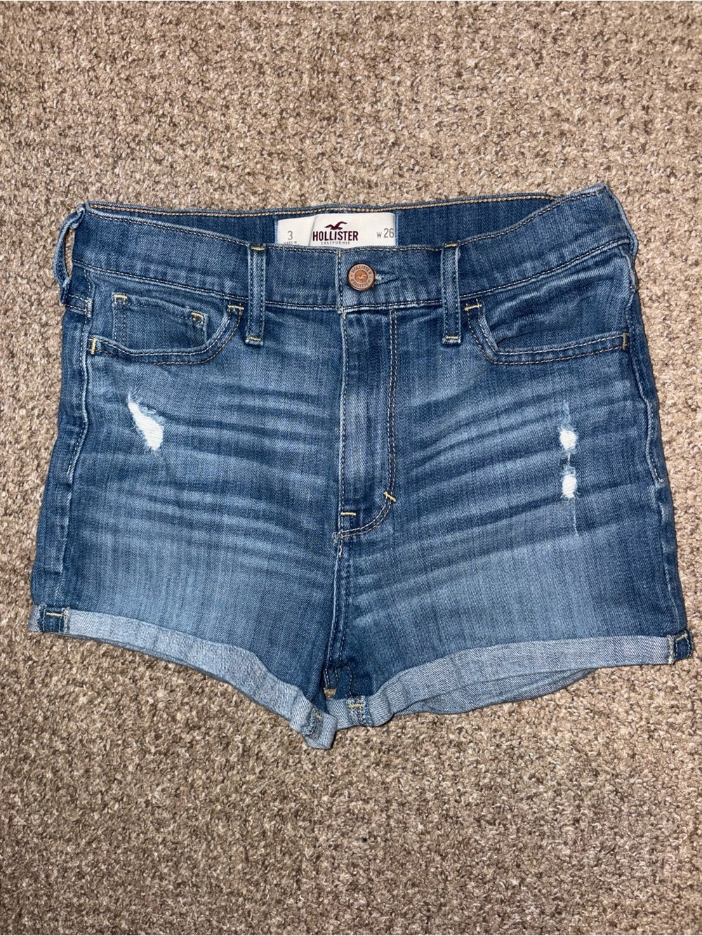 Hollister Women's Distressed Dark Blue Denim Roll-Cuff Shorts